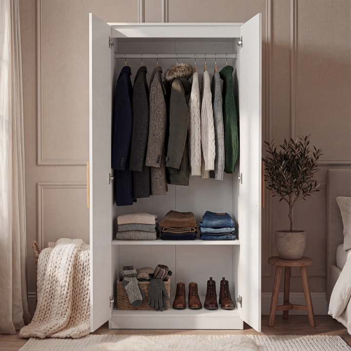 [White] Blythe bedroom furniture set wardrobe doors open with clothes on the rail and jeans stacked on the shelf