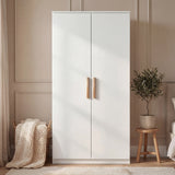 [White] 2 door wardrobe of the Blythe bedroom furniture set with smooth flat doors and warm wood vertical handles