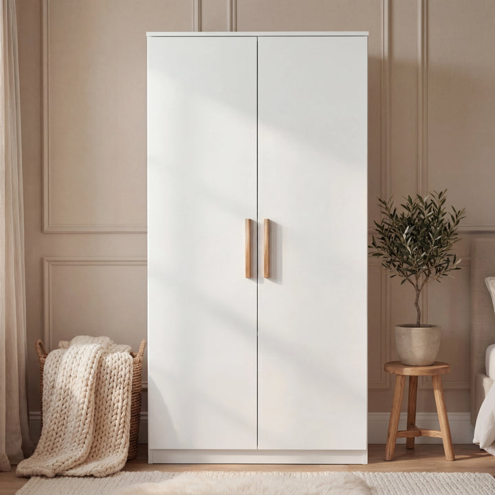 [White] 2 door wardrobe of the Blythe bedroom furniture set with smooth flat doors and warm wood vertical handles
