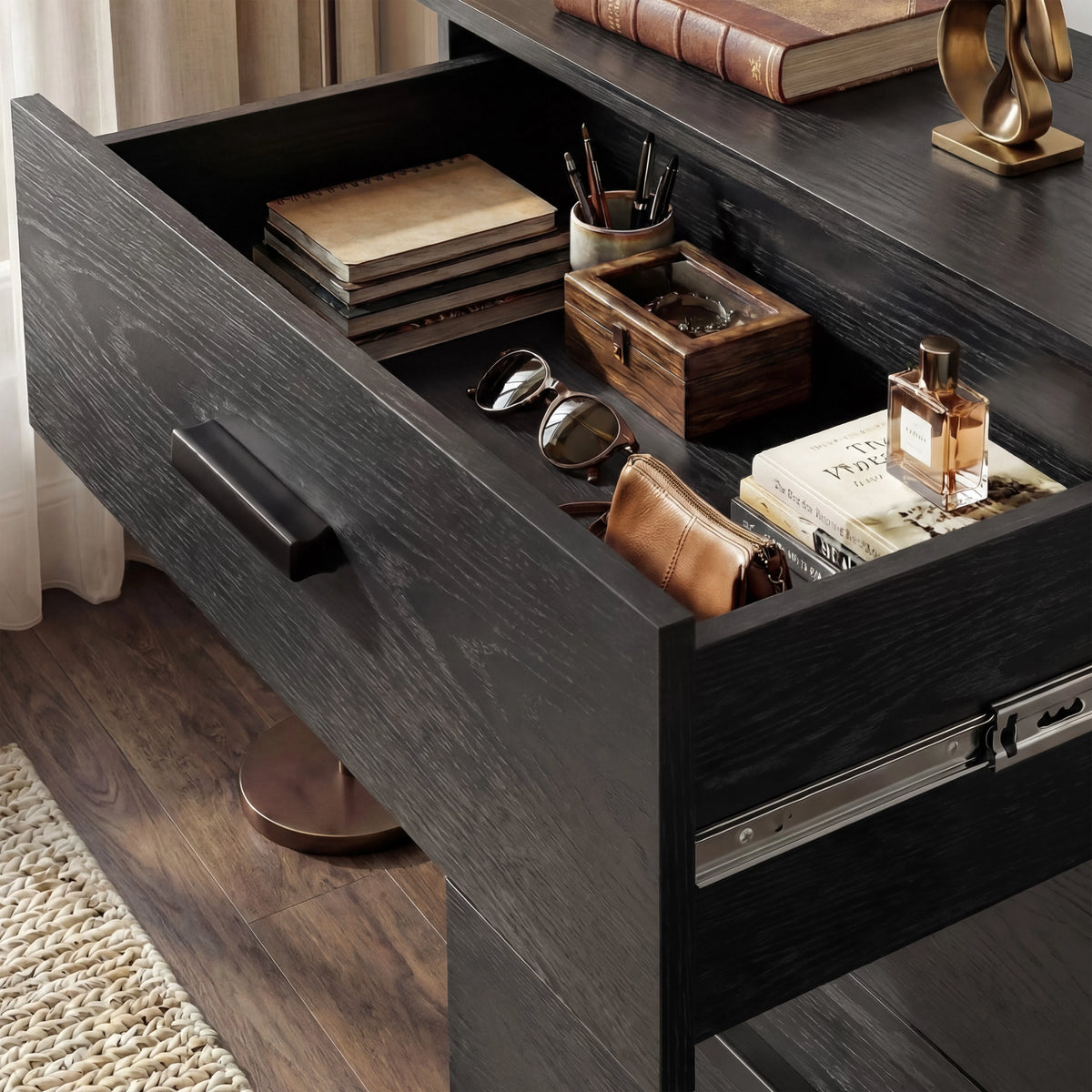 [Black] Blythe bedroom furniture set top drawer of 4 drawer chest open showing small stationery inside