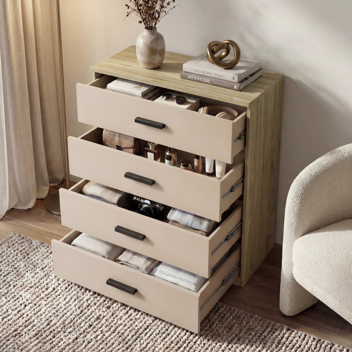 [Oak Cashmere] Blythe bedroom furniture set 4 drawer chest all drawers pulled open showing contents