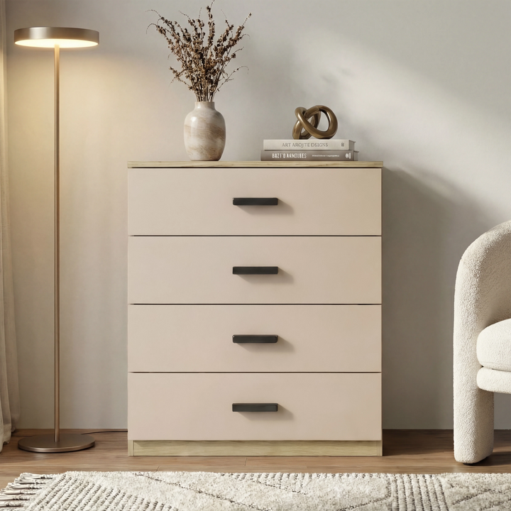 [Oak Cashmere] Blythe bedroom furniture set 4 drawer chest with black bar handles and floor lamp beside it