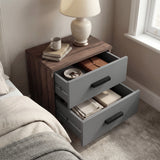 [Walnut] Blythe bedroom furniture set 2 drawer bedside both drawers open beside bed with lamp and books on top