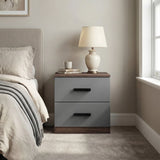 [Walnut] Blythe bedroom furniture set bedside table beside bed with ceramic lamp, mug and folded books