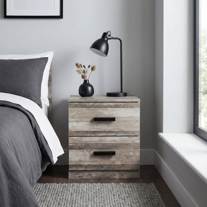 [Ash Grey] Blythe bedroom furniture set 2 drawer bedside with desk lamp and vase next to grey bed with pillow
