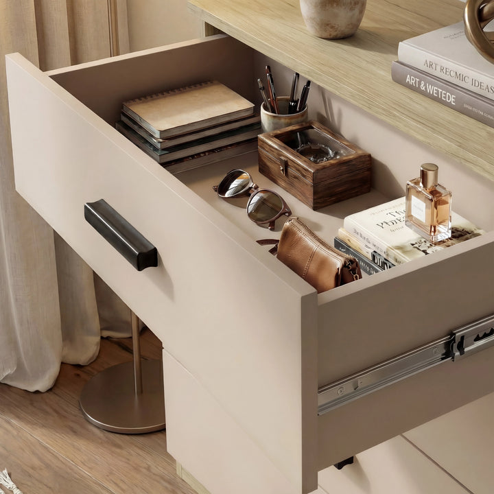 [Oak Cashmere] Blythe bedroom furniture set bedside close-up of open top drawer with contents