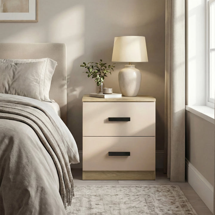 [Oak Cashmere] Blythe bedroom furniture set 2-drawer bedside beside upholstered bed with lamp and vase