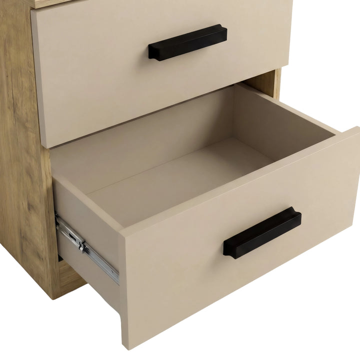 [Oak Cashmere] Blythe bedroom furniture set chest drawer interior detail with metal slide and cashmere front