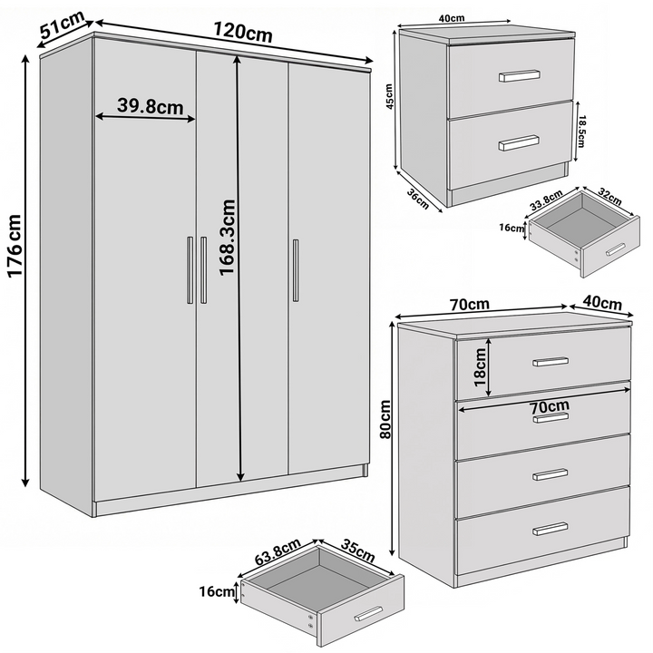 [Oak Cashmere] Blythe bedroom furniture set dimensions: wardrobe 120x51x176, chest 70x40x80, bedside 40x36x45 cm