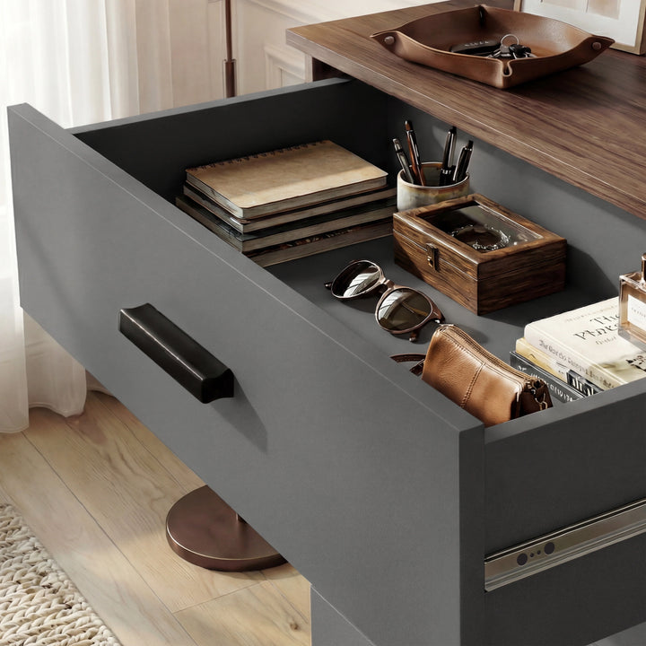 [Walnut Grey] Blythe bedroom furniture set chest top drawer open showing stored items and oak edge