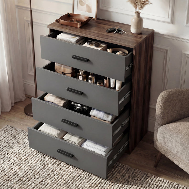 [Walnut Grey] Blythe bedroom furniture set 4-drawer chest with open drawers showing storage in walnut grey