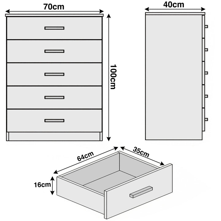 [Dark Bronx] Blythe five drawer chest dimensions: 70cm wide, 40cm deep, 100cm tall overall on the schematic