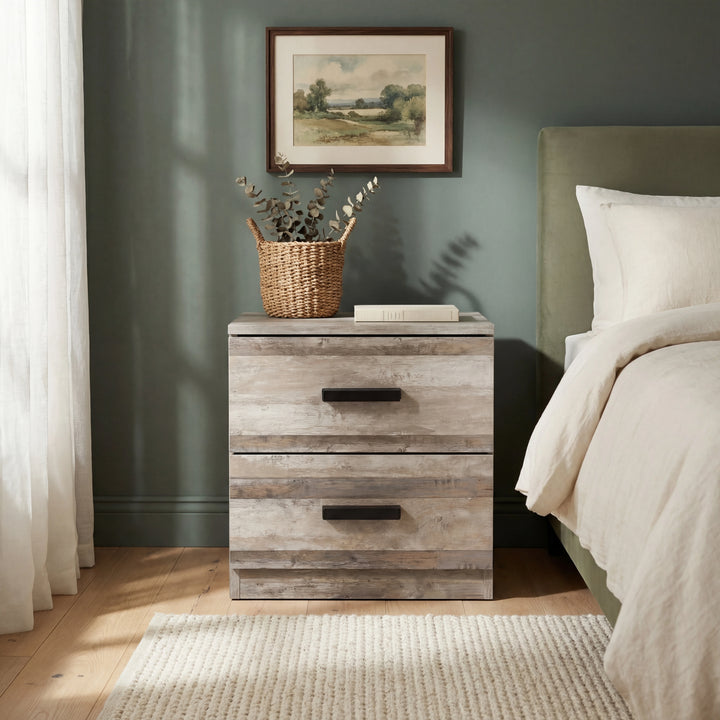 [Ash Grey] Bedside table in use beside bed showing natural wood grain texture with black bar handles