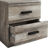 [Ash Grey] Two drawer bedside table in ash wood grain finish with lower drawer open showing black horizontal handles