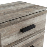[Ash Grey] Overhead view of two drawer nightstand displaying textured ash top and dual black bar handles on fronts
