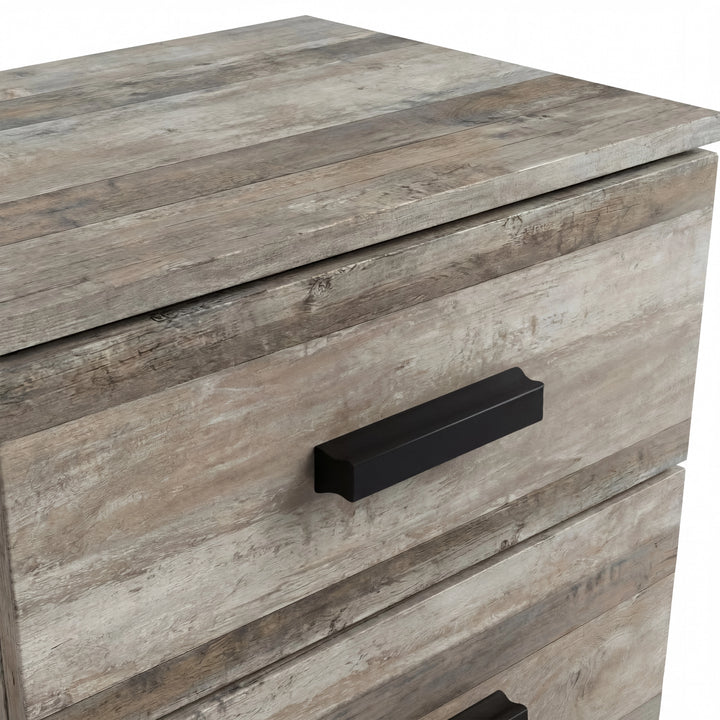 [Ash Grey] Overhead view of two drawer nightstand displaying textured ash top and dual black bar handles on fronts