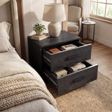 [Black] Two drawer nightstand with drawers extended revealing organised storage in black wood grain finish