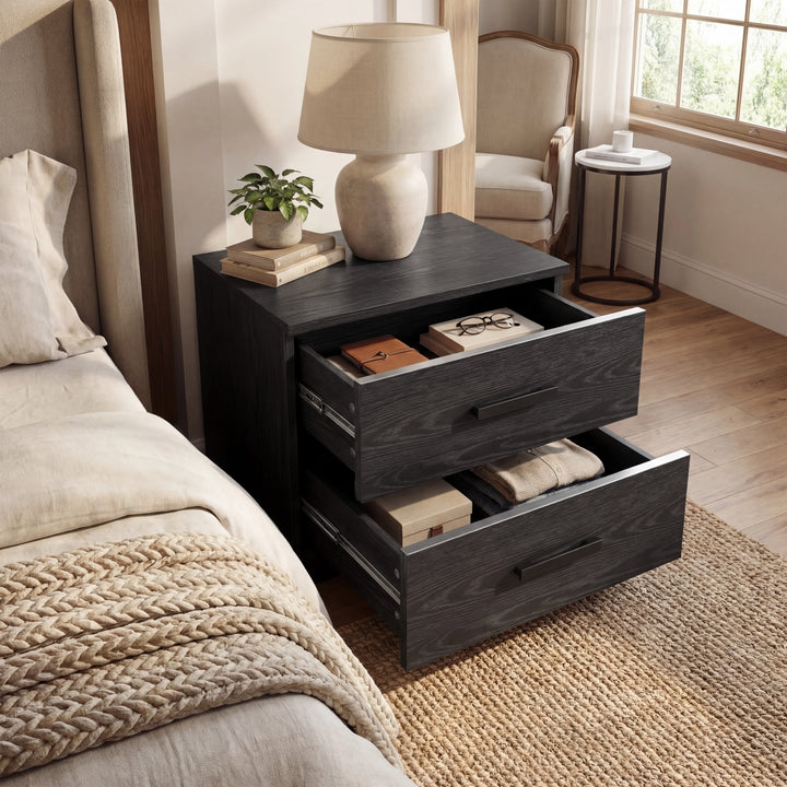 [Black] Two drawer nightstand with drawers extended revealing organised storage in black wood grain finish