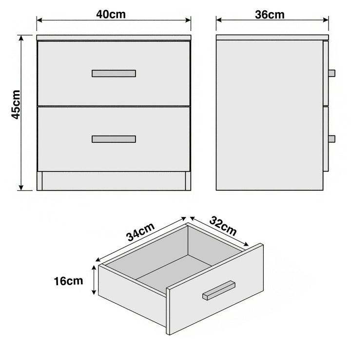 [Dark Bronx] Dimension diagram showing bedside table 40cm wide 36cm deep 45cm tall with drawer size 33.8x32x16cm