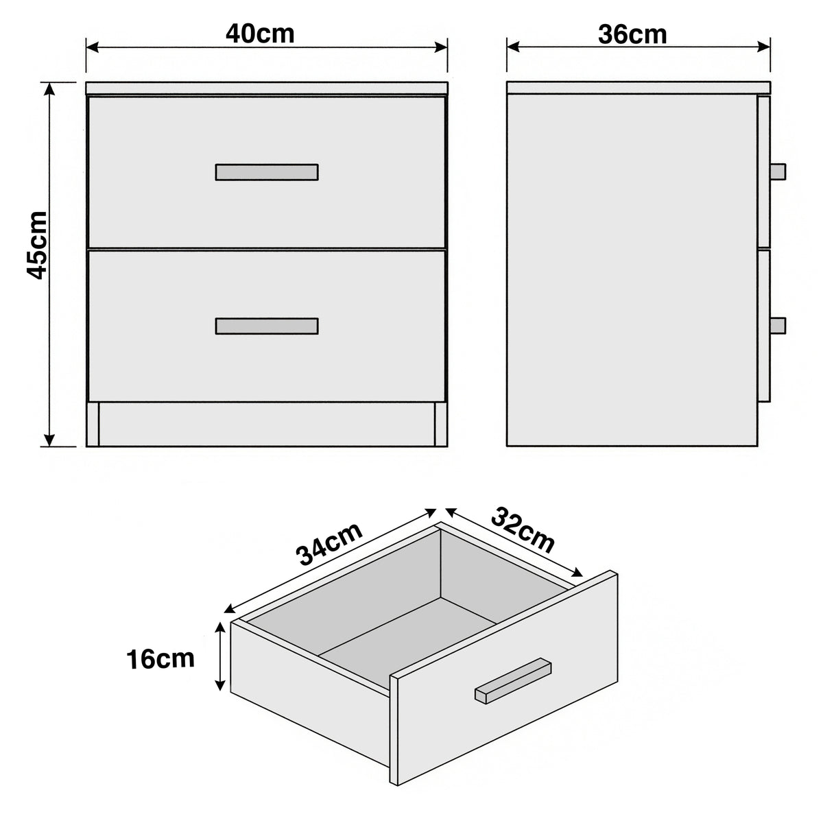 [Walnut] Dimension diagram showing bedside table 40cm wide 36cm deep 45cm tall with drawer size 33.8x32x16cm