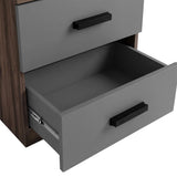 [Walnut Grey] Single drawer angled out showing black rectangular bar handle on grey drawer front with walnut sides