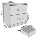 [White] Dimension diagram showing bedside table 40cm wide 36cm deep 45cm tall with drawer size 33.8x32x16cm