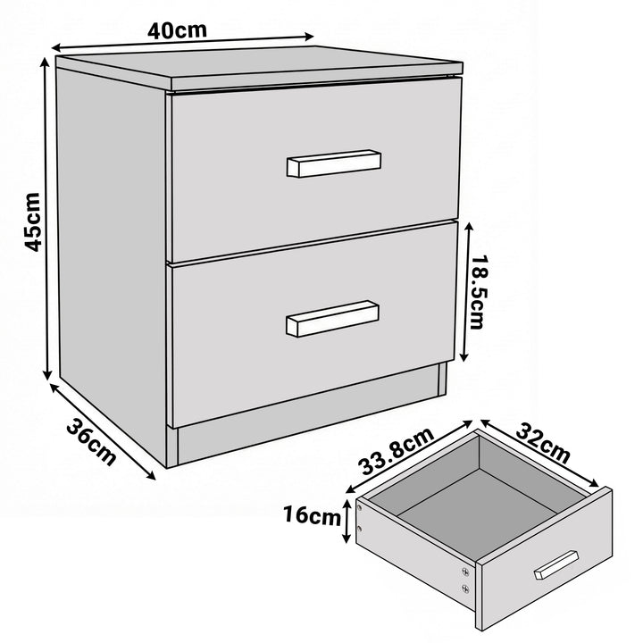 [White] Dimension diagram showing bedside table 40cm wide 36cm deep 45cm tall with drawer size 33.8x32x16cm