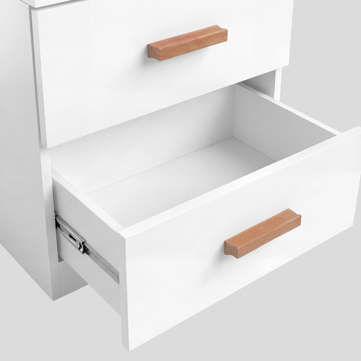 [White] Close-up of open drawer showing smooth interior with metal ball-bearing runners and wooden handle