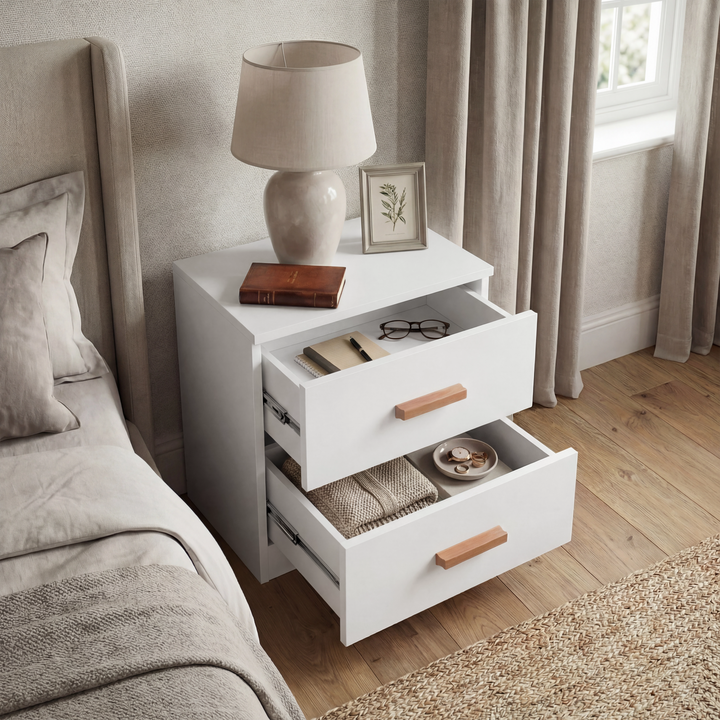[White] Side angle of two drawer nightstand with both drawers slightly open showing metal runner mechanism