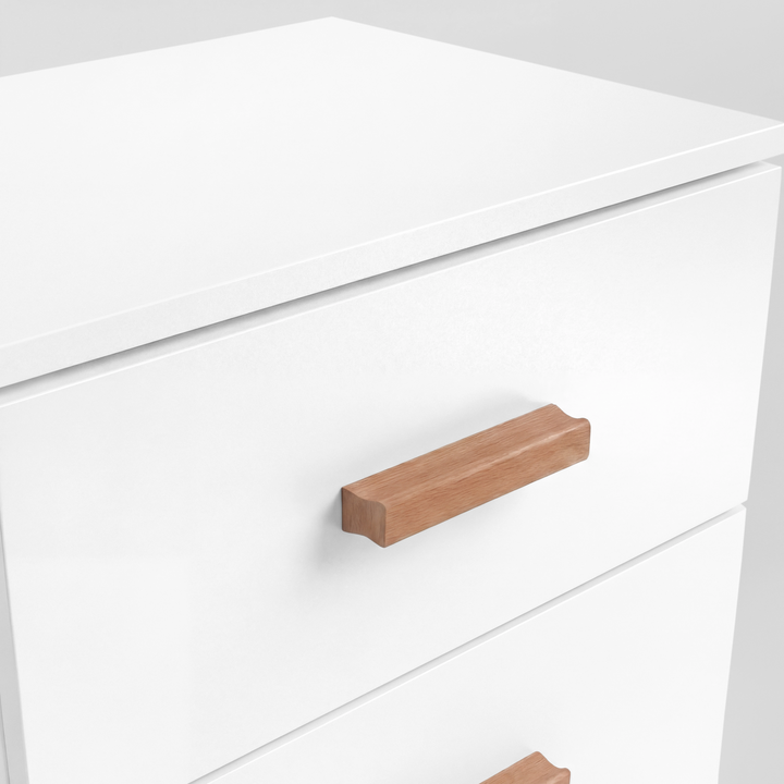 [White] Straight-on Blythe bedside table showing two drawer fronts with wooden bar handles