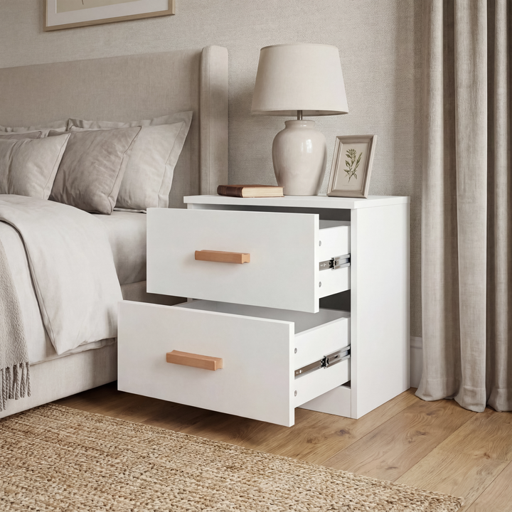 [White] Blythe nightstand in bedroom vignette with lamp books and framed artwork against painted wall