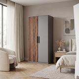 [Walnut] Blythe 2 Door Wardrobe with Shelves and Hanging Rail arranged nicely in a minimalist contemporary bedroom setup.