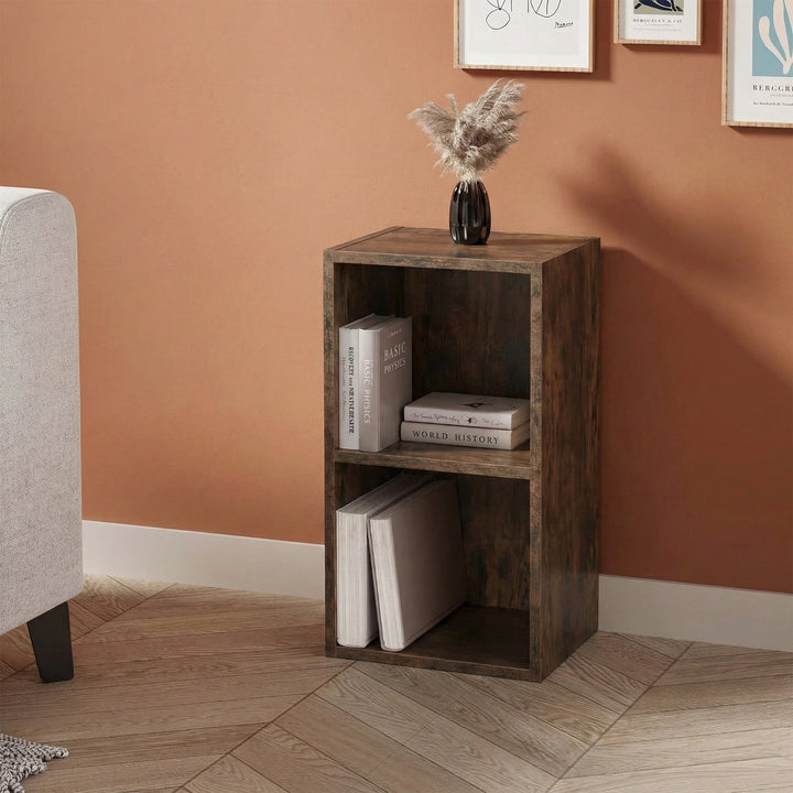 [2 Shelf | Rustic] angled view of rustic-grain 54cm-tall compact bookcase in farmhouse corner