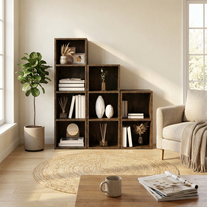 [4 Shelf | Rustic] grid of rustic-grain 106cm-tall tall cube bookcases as 3x3 shelving wall, farmhouse corner