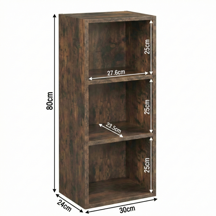 [3 Shelf | Rustic] schematic of three-cubby half-height rustic unit, 30 x 24 x 80 cm; pairs enamel jug with dried wheat