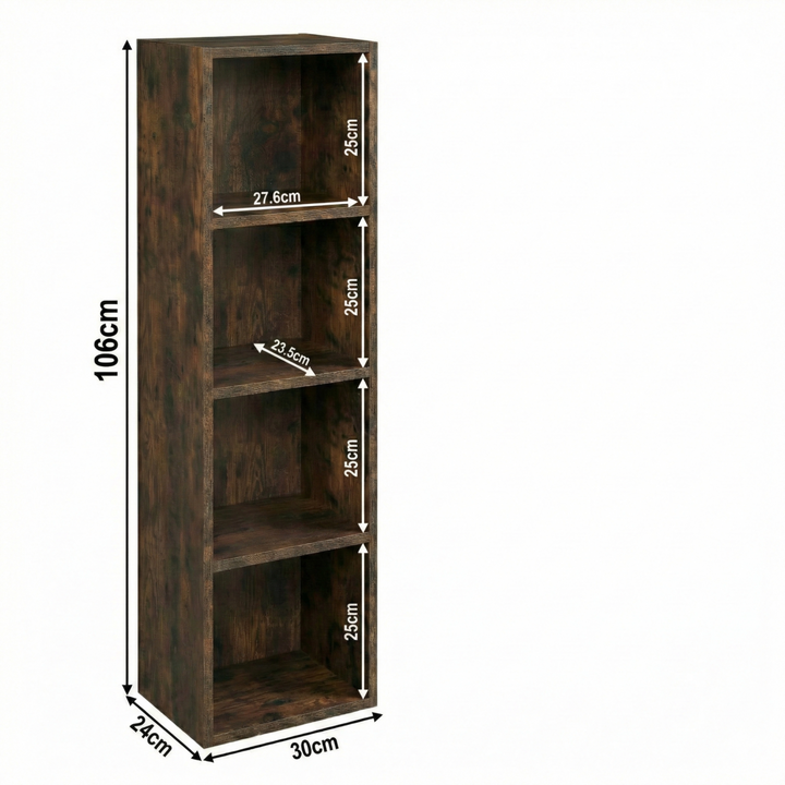 [4 Shelf | Rustic] schematic of four-cubby chest-height rustic unit, 30 x 24 x 106 cm; pairs enamel jug with dried wheat