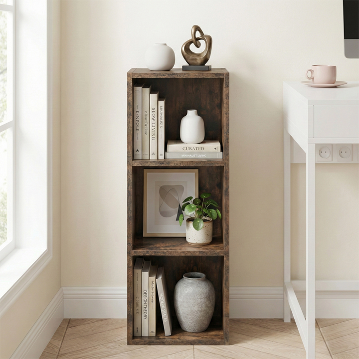 [3 Shelf | Rustic] head-on shot of three-cubby half-height rustic cube unit by terracotta clay rendered wall