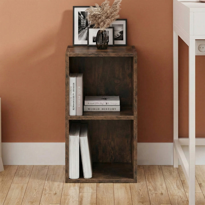 [2 Shelf | Rustic] front-on view of rustic-grain 54cm-tall compact bookcase inside farmhouse corner