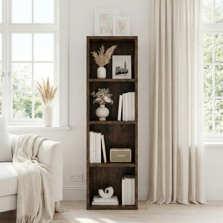 [4 Shelf | Rustic] straight face of rustic panel hallway-tall cube bookcase over reclaimed plank floor