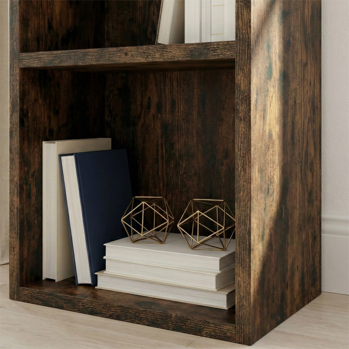 [5 Shelf | Rustic] inside cubby of rustic-grain 132cm-tall full bookcase, books standing, farmhouse corner