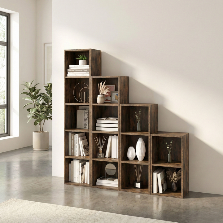 [5 Shelf | Rustic] pair of five-cubby floor-to-eye rustic bookcases as step set, farmhouse corner backdrop