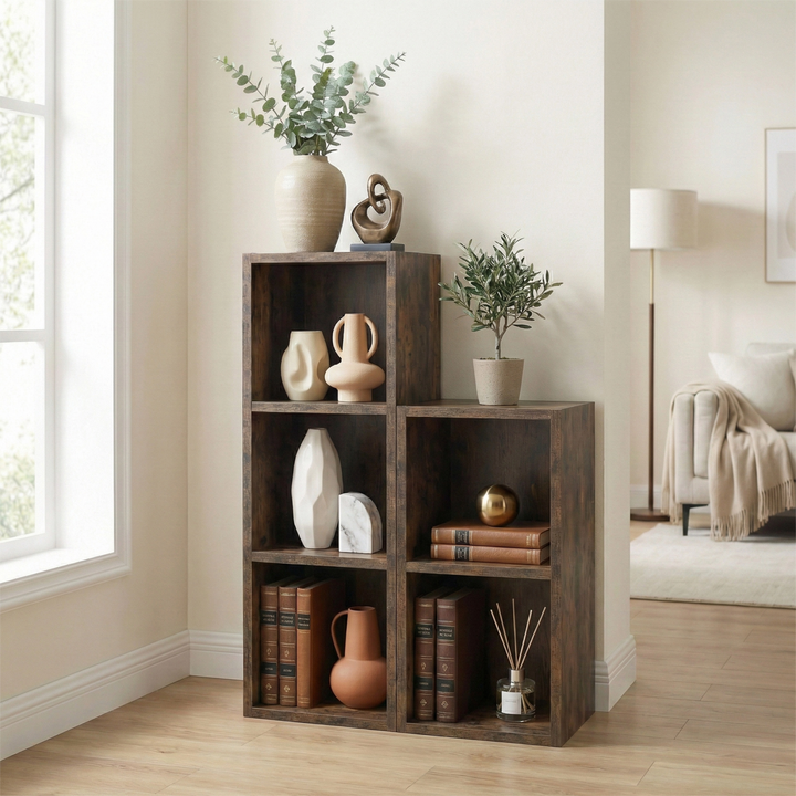 [3 Shelf | Rustic] rustic panel desk-height cube bookcases stepped, pairs with enamel jug with dried wheat