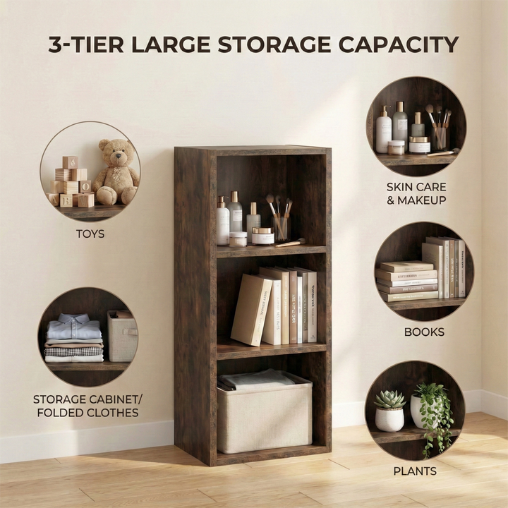 [3 Shelf | Rustic] info image of rustic panel desk-height bookcase with storage icon callouts