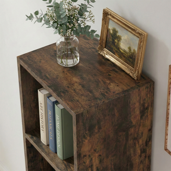 [5 Shelf | Rustic] top surface of rustic panel head-height bookcase, framed print, over reclaimed plank floor
