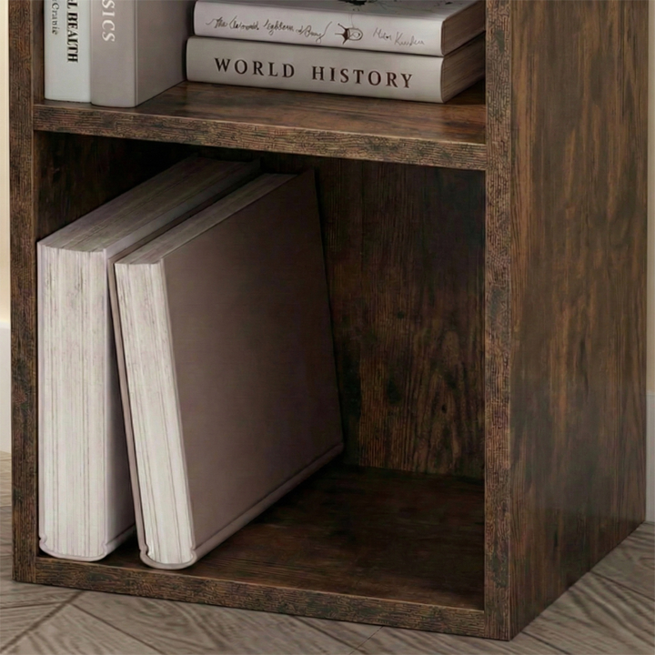 [3 Shelf | Rustic] interior on three-cubby half-height rustic cube unit, wire ornaments near terracotta clay rendered wall