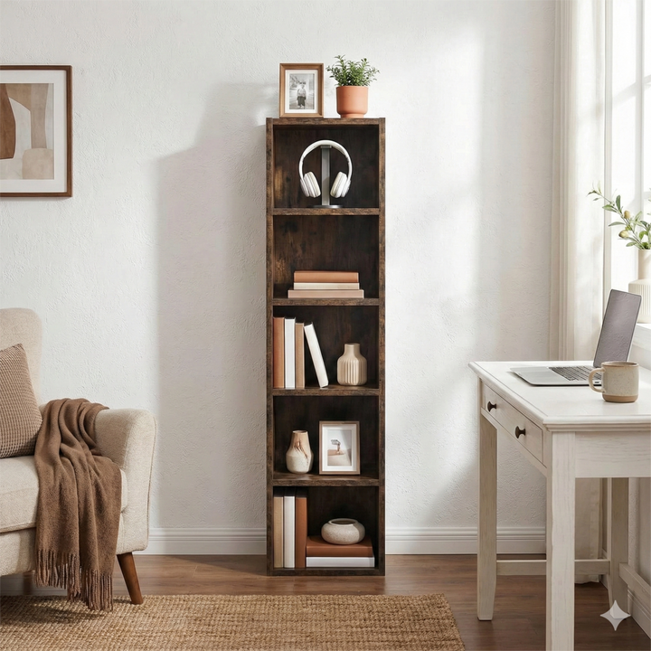 [5 Shelf | Rustic] front view of dark rustic column-style bookcase rising along enamel jug with dried wheat