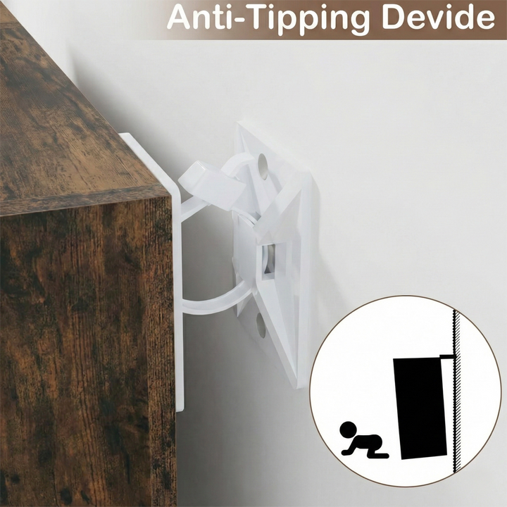 [5 Shelf | Rustic] safety strap fixing five-cubby floor-to-eye rustic unit to terracotta clay rendered wall, child icon