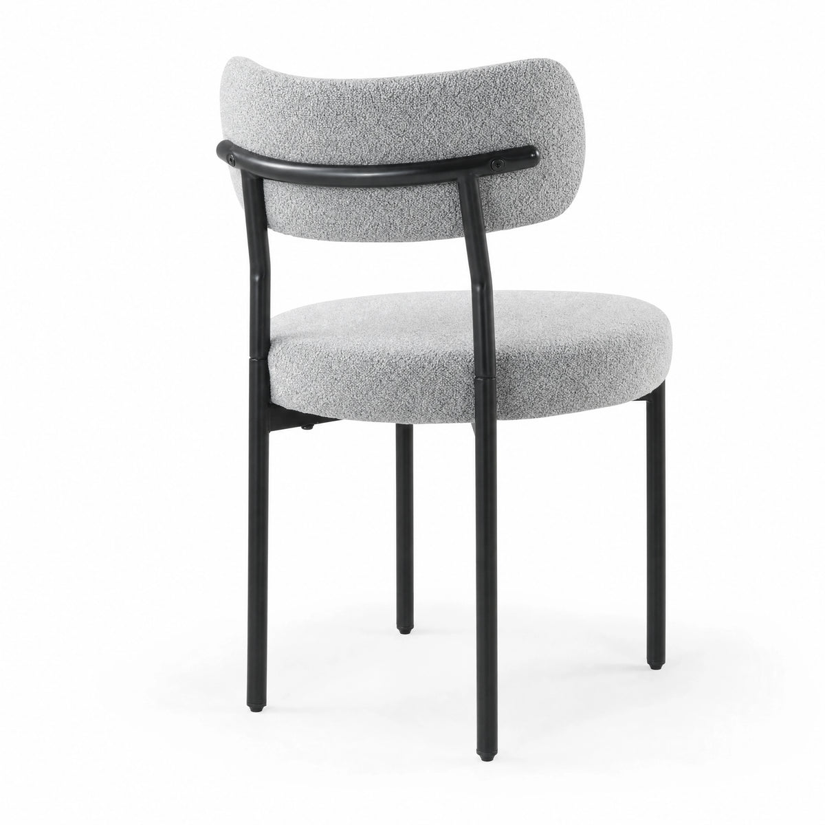 [Light Grey | Set of 4] Back studio view of boucle dining chair showing curved backrest and black support frame.