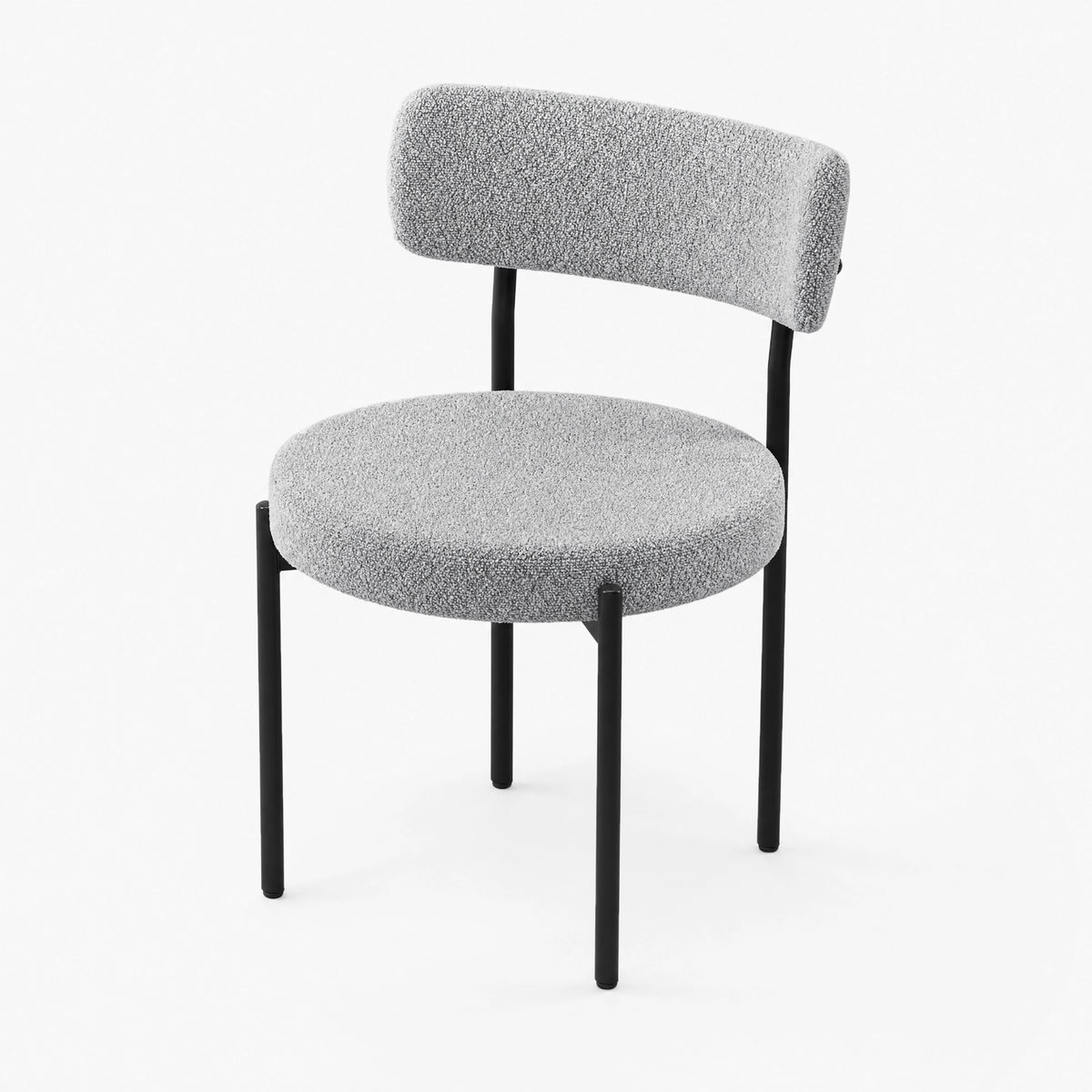 [Light Grey | Set of 4] Front studio view of boucle dining chair with rounded seat and black metal legs.