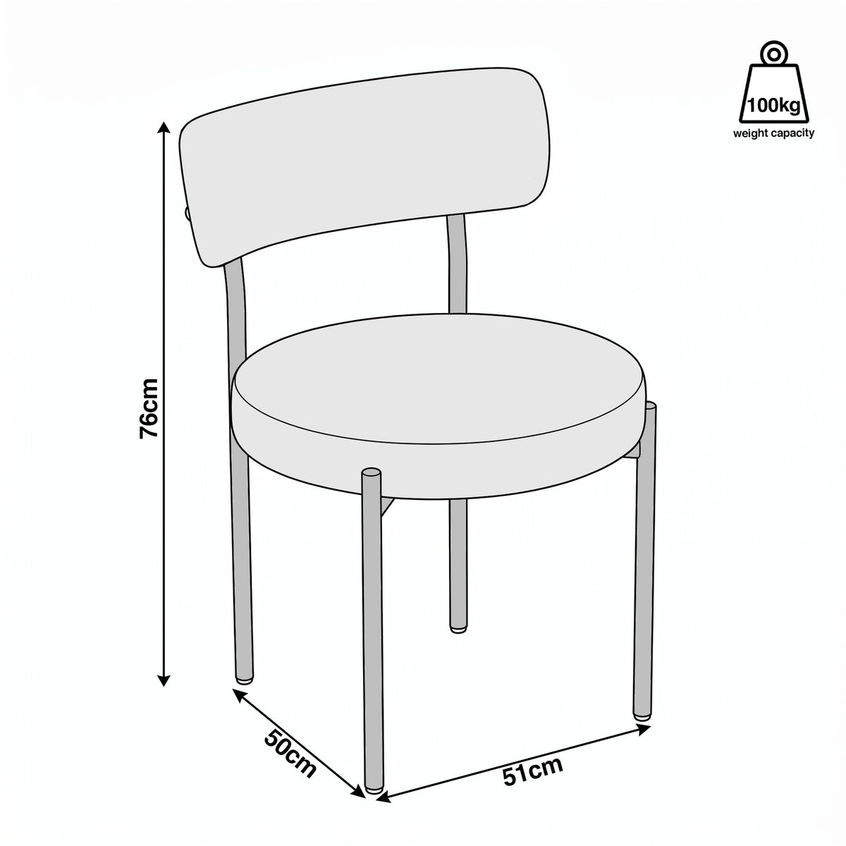 [Light Grey | Set of 4] Size guide for boucle dining chairs showing 51cm width, 50cm depth, 76cm height, and 100kg capacity.